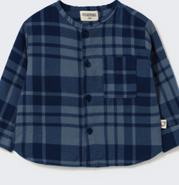cozmo - levi, soft tartan flannel baby shirt, navy