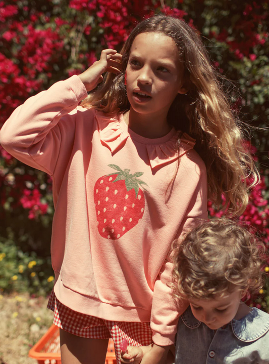 piupiuchick - sweatshirt with collar, light pink with strawberry print - Lubus & moi