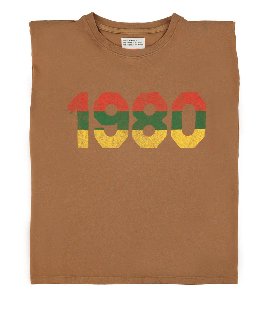 sisters department - sleeveless t shirt, shoulder pads, brown, 1980 print - Lubus & moi