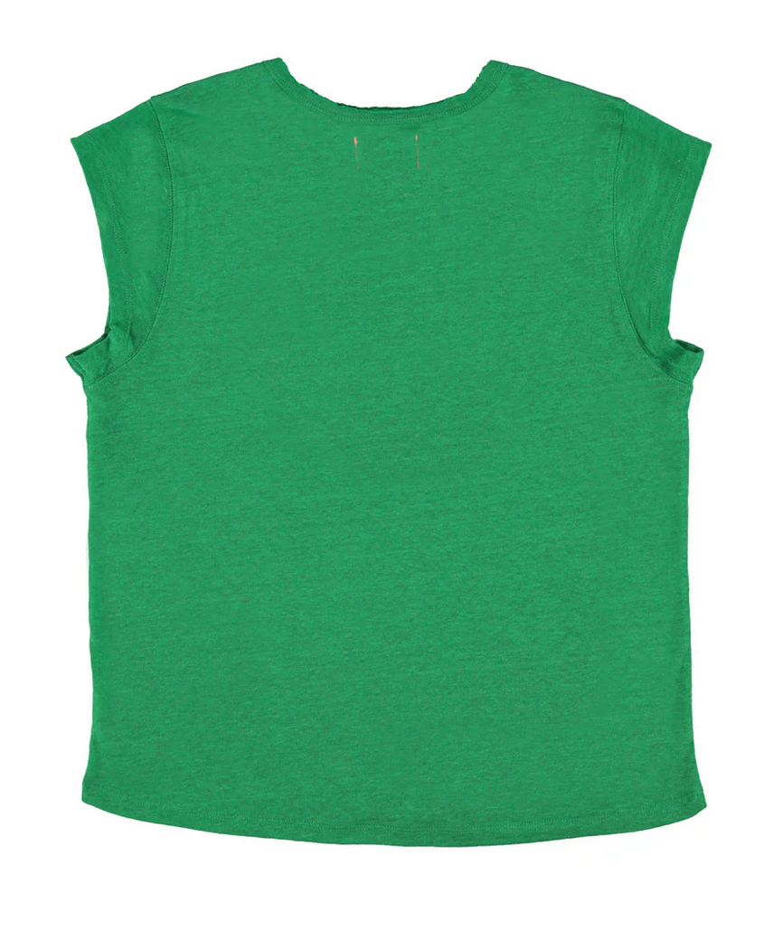 sisters department - short sleeve t shirt, deep round neck, green linen - Lubus & moi