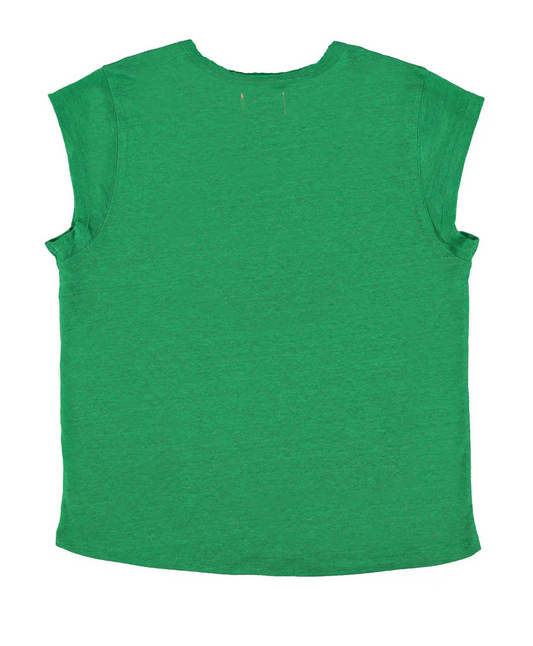 sisters department - short sleeve t shirt, deep round neck, green linen - Lubus & moi