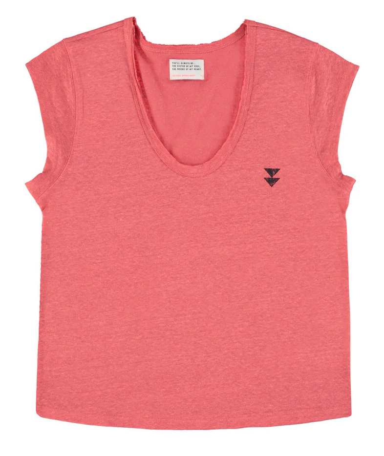 sisters department - short sleeve t shirt, deep round neck, coral linen - Lubus & moi