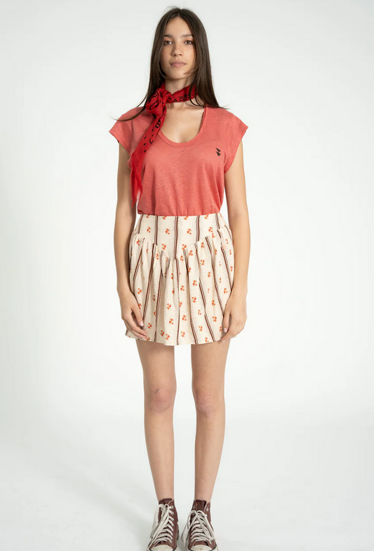 sisters department - short sleeve t shirt, deep round neck, coral linen - Lubus & moi