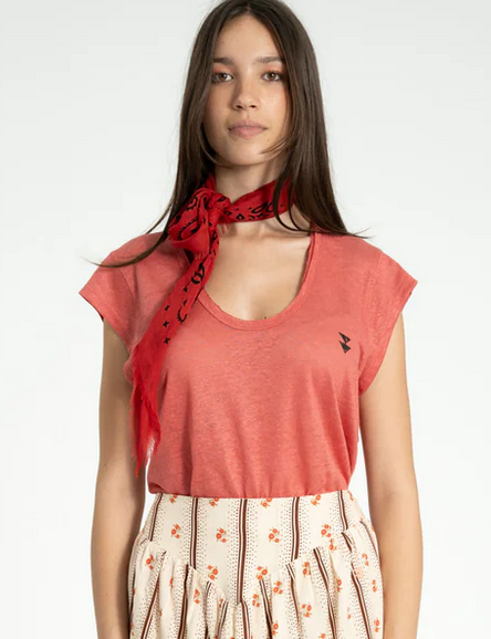 sisters department - short sleeve t shirt, deep round neck, coral linen - Lubus & moi