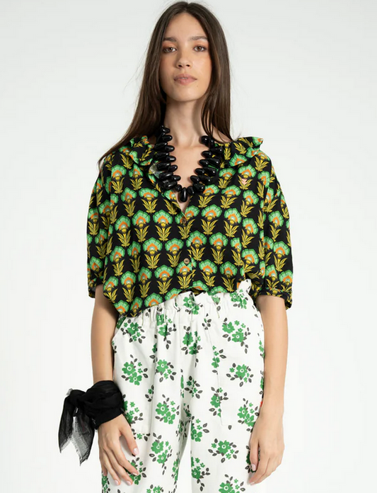 sisters department - blouse with collar, black with green flowers - Lubus & moi
