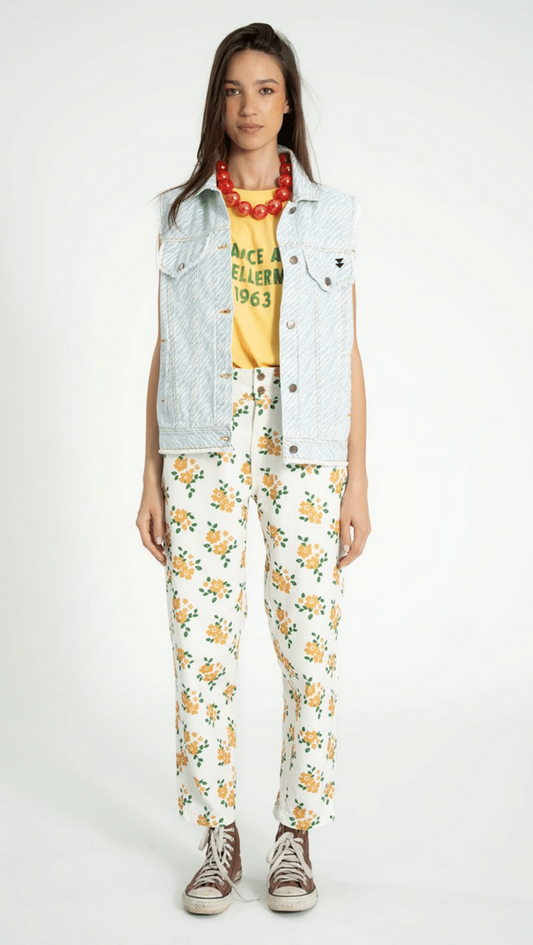 sisters department - trousers ecru, mustard flowers - Lubus & moi
