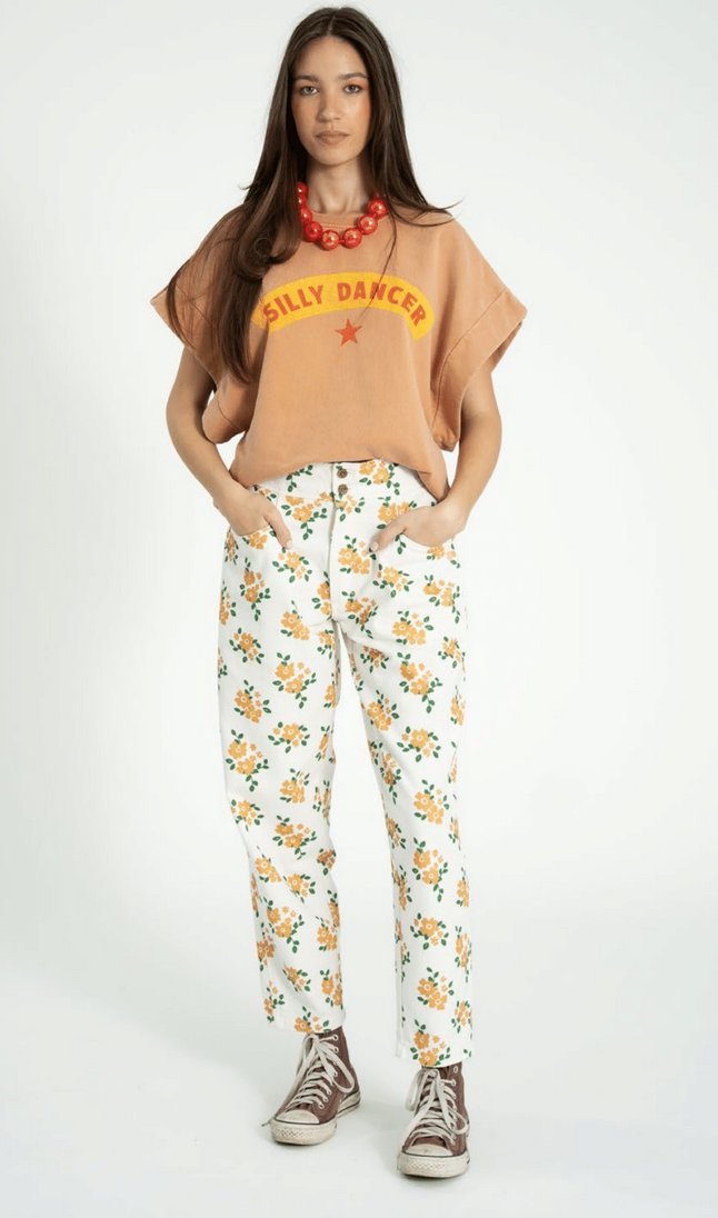 sisters department - trousers ecru, mustard flowers - Lubus & moi