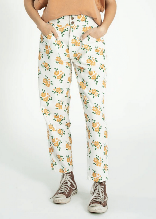 sisters department - trousers ecru, mustard flowers - Lubus & moi