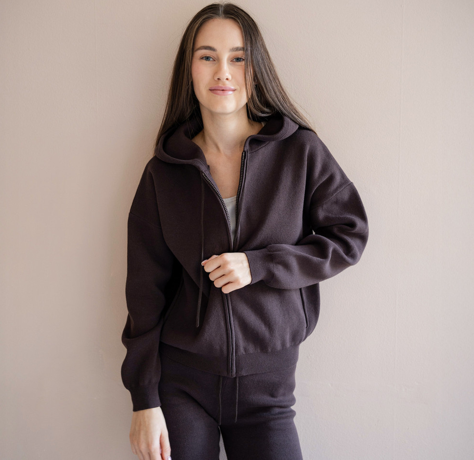 minimalisma - robin, organic cotton hoodie, dark chocolate