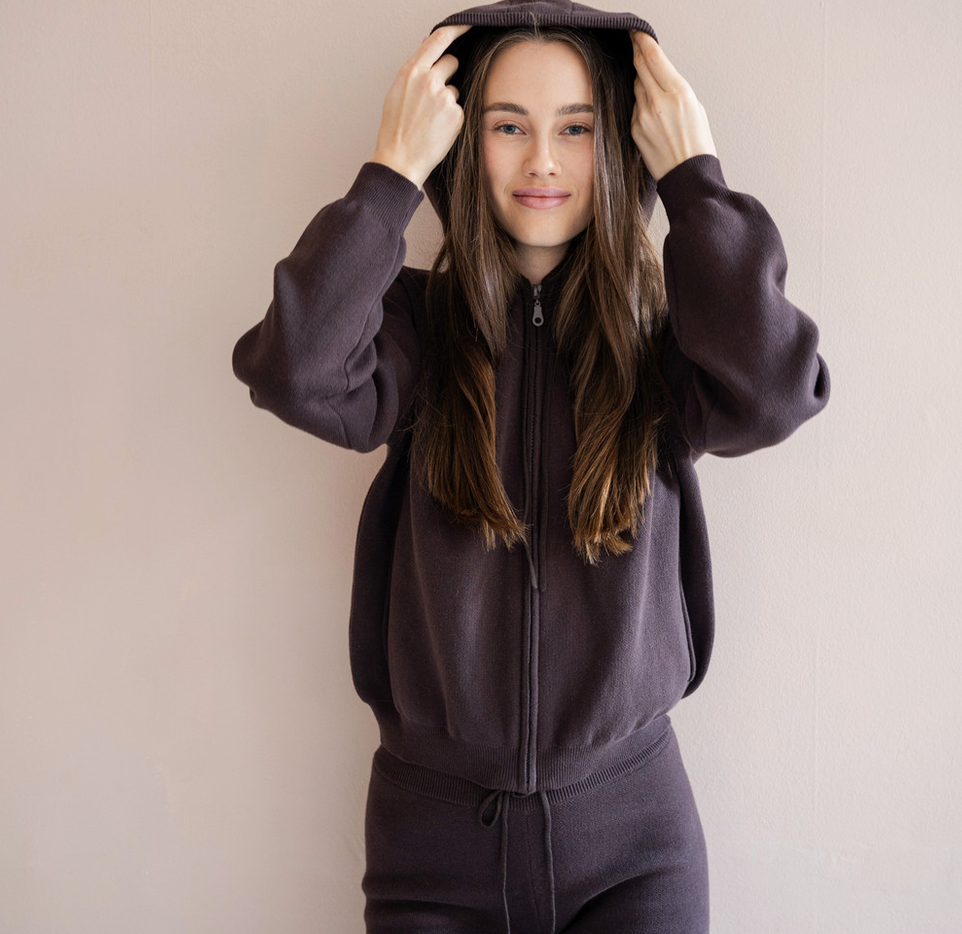 minimalisma - robin, organic cotton hoodie, dark chocolate