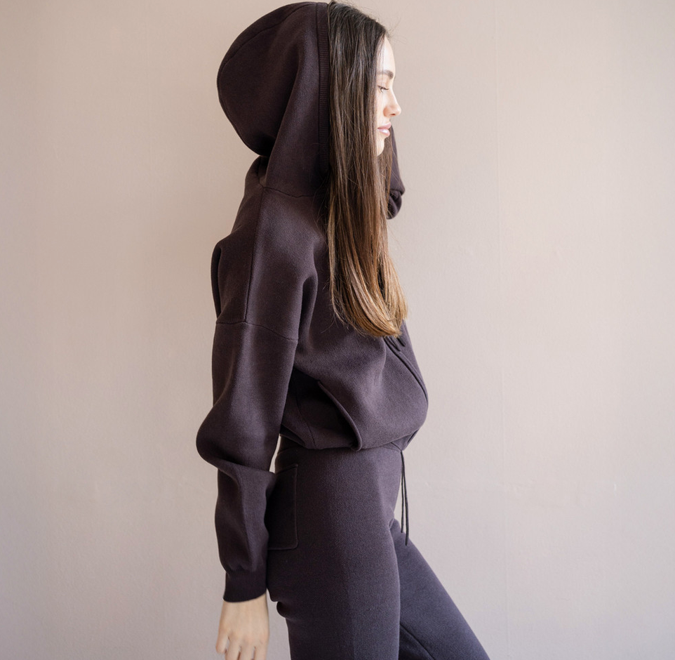 minimalisma - robin, organic cotton hoodie, dark chocolate