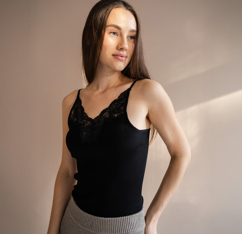 minimalisma - glace, silk lace strap top, black
