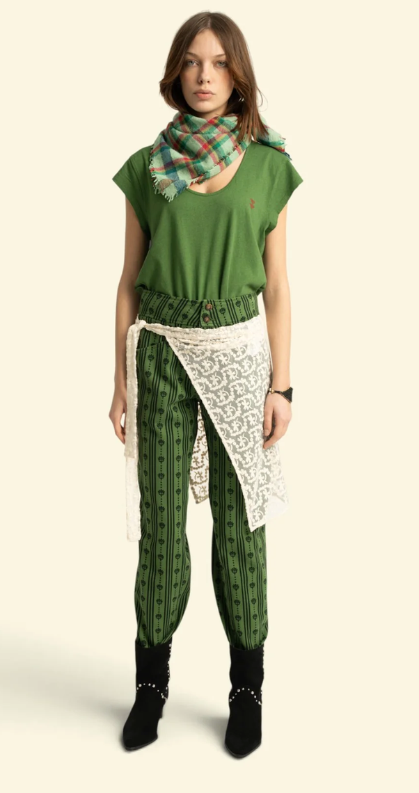 sisters department - trousers, green, floral stripes