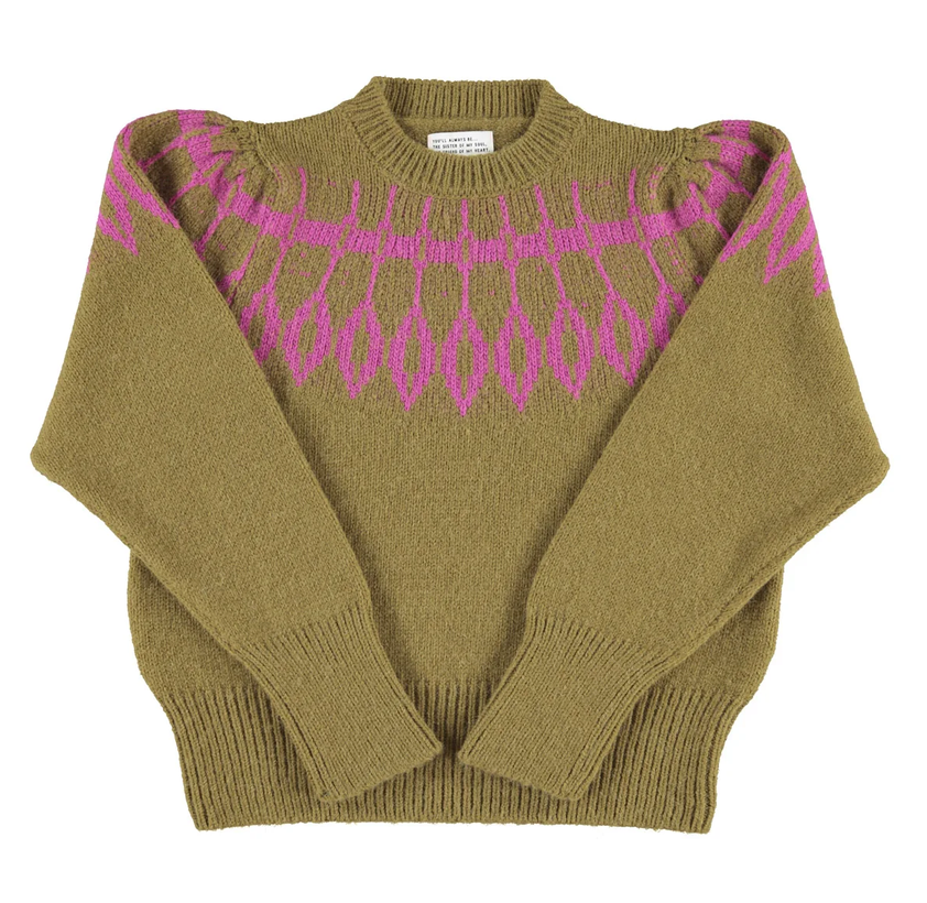 sisters department - knitted sweater, olive green, fuschia jacquard