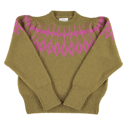 sisters department - knitted sweater, olive green, fuschia jacquard