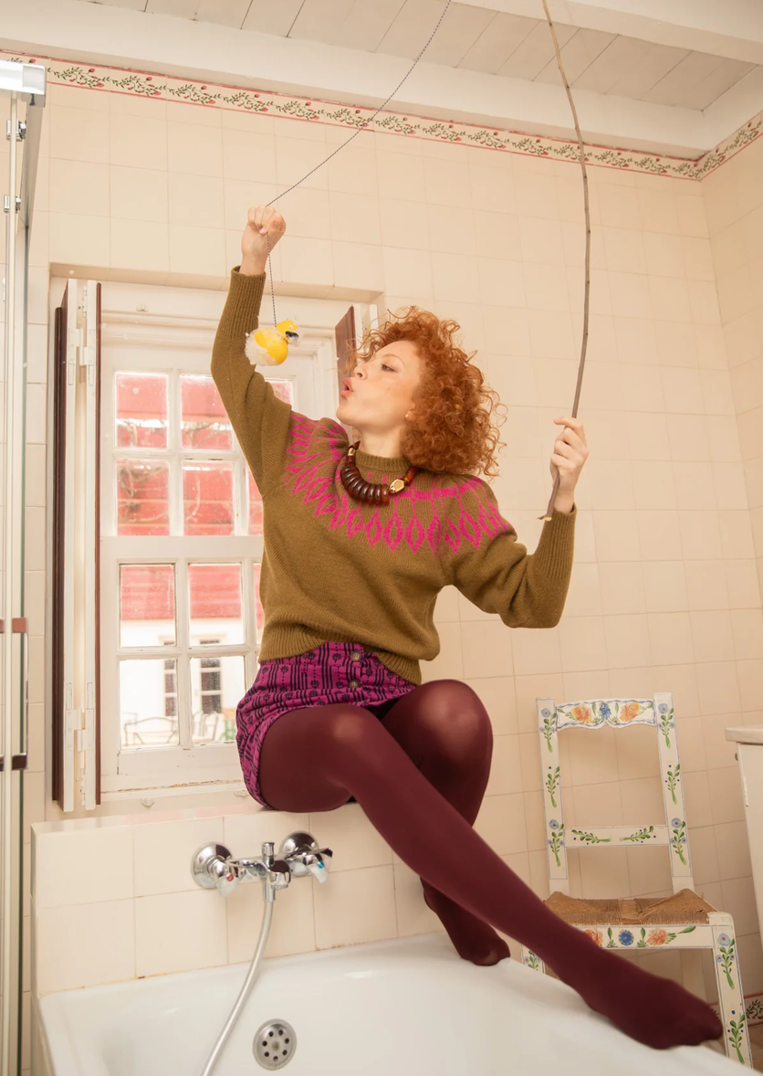 sisters department - knitted sweater, olive green, fuschia jacquard