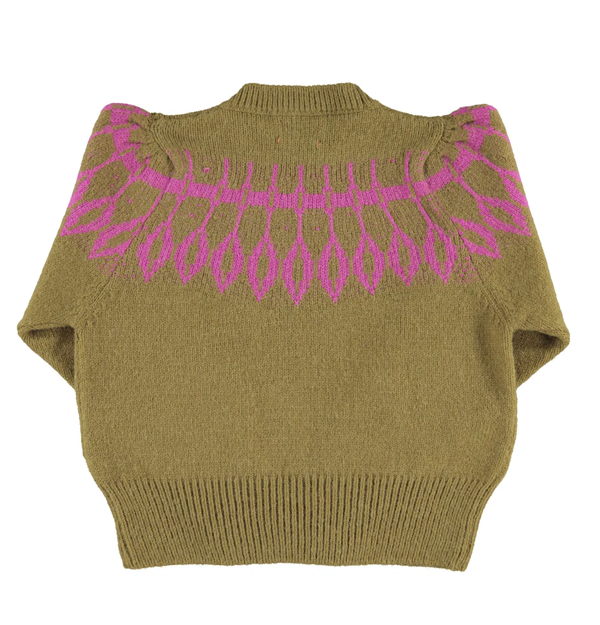 sisters department - knitted sweater, olive green, fuschia jacquard