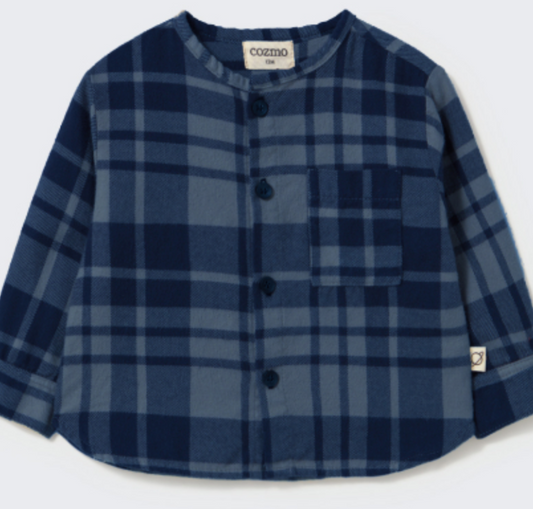 cozmo - levi, soft tartan flannel baby shirt, navy