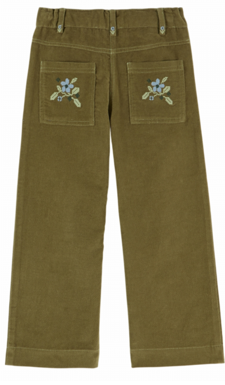 emile & ida enfants - pantalon velours poche fleur, artichaud