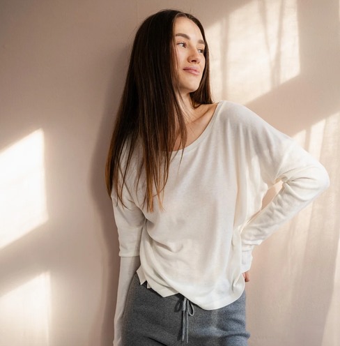minimalisma - times, silk/wool long sleeve top, white