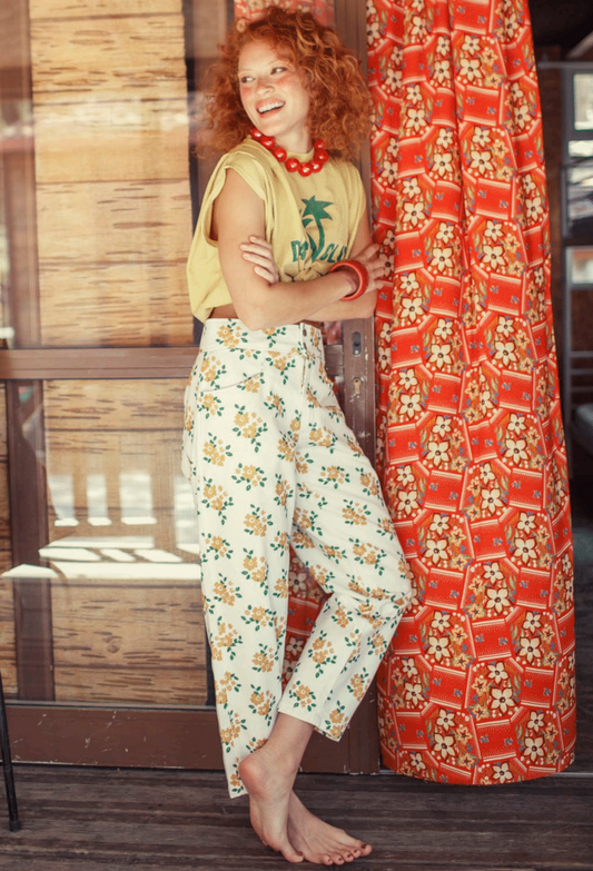 sisters department - trousers ecru, mustard flowers